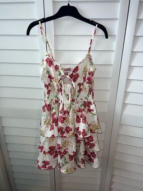 SHEIN White Floral Tiered Sundress with Pink & Green Print